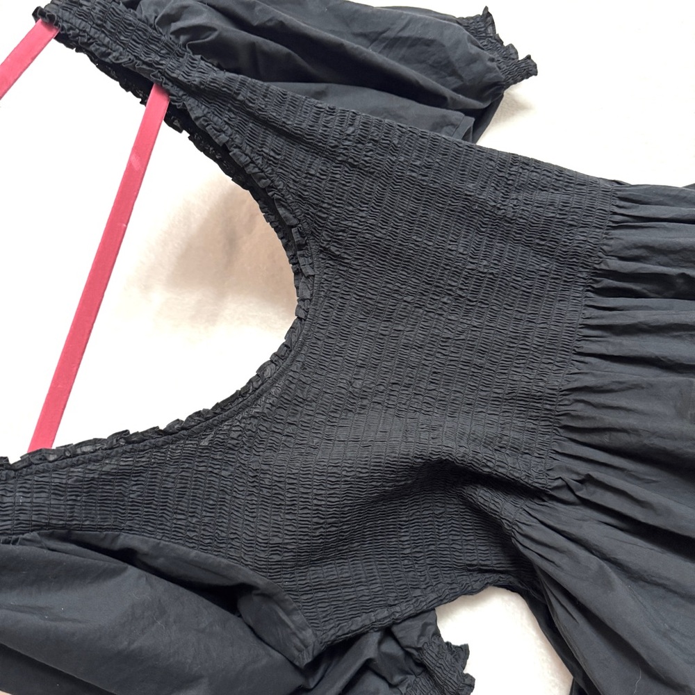 Black Smocked Midi Dress with Puff Sleeves - Picture 9 of 10